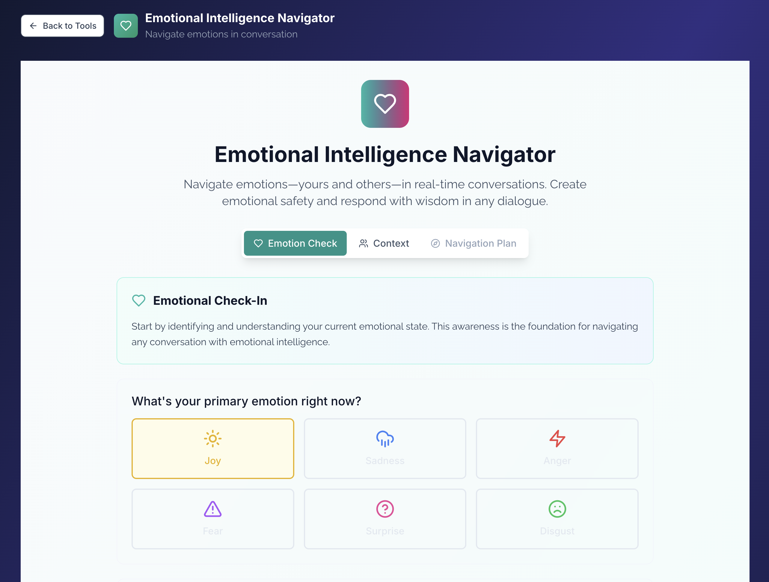 The Emotional Intelligence Navigator tool inside Deeper Dialogues