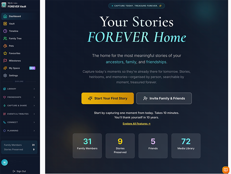 MyStories FOREVER Vault dashboard